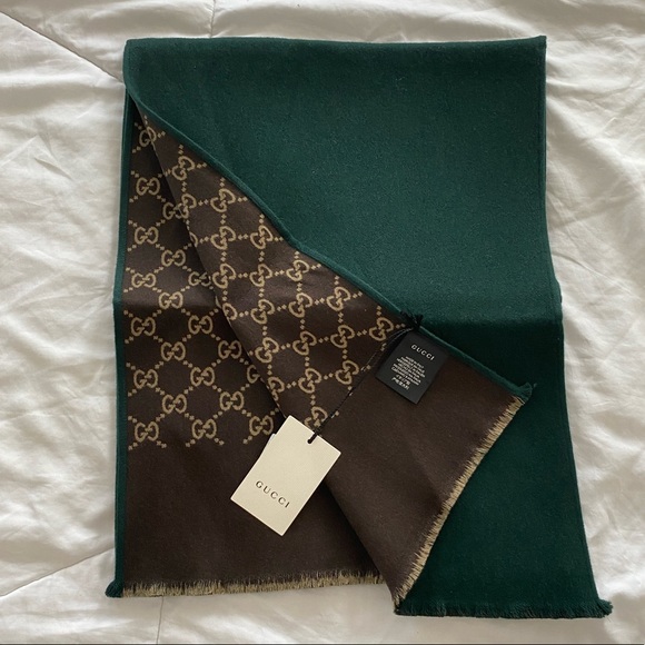Gucci Monogram Logo Wool & Silk Blend Scarf Green & Brown - Picture 5 of 9